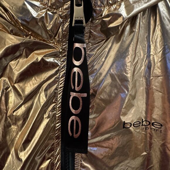 NWT Bebe Sport Womens Gold Hooded Metallic Full Zip Windbreaker Jacket Large - Picture 4 of 16
